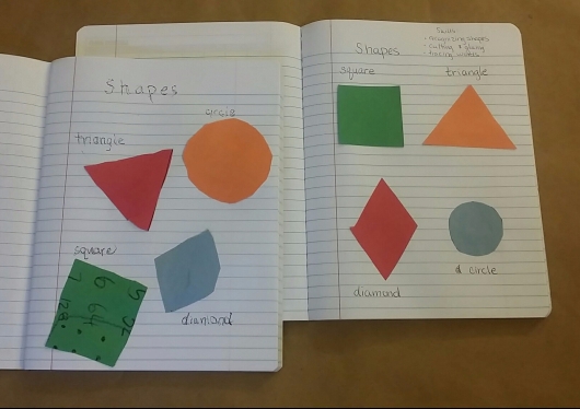 Sample pages of our cut and paste shapes activity. See post for free printable version to use in your own math journals for Pre-K, K, or 1st grade.